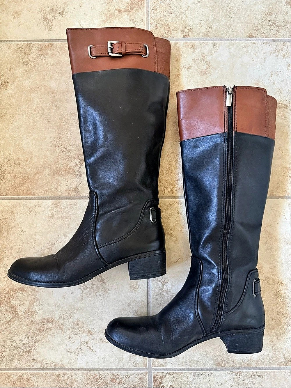 Bandolino Black & Cognac Leather Riding Boots Size 8